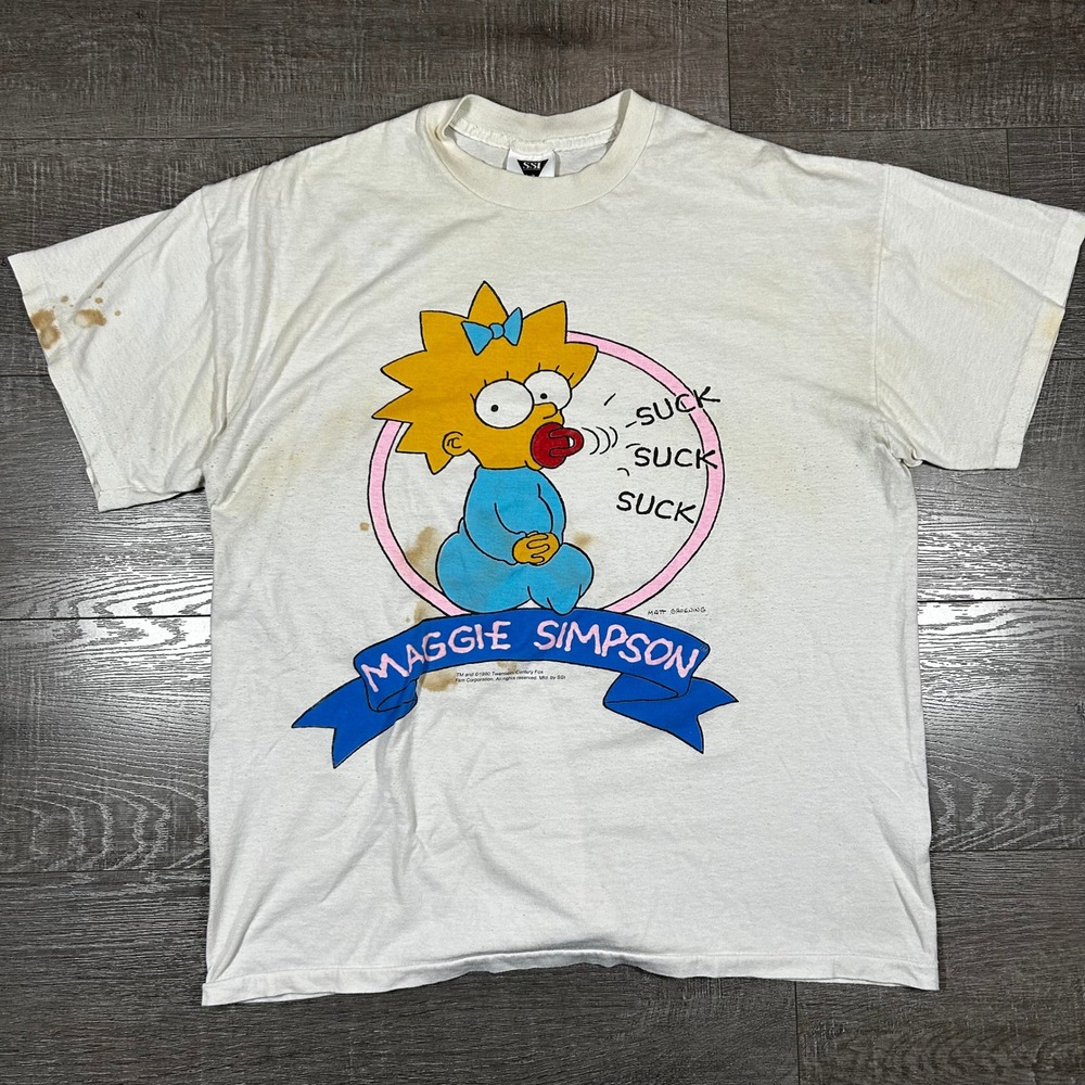 Vintage 1990 Maggie Simpson SSI Graphic T-Shirt White XL Made in USA Distressed
